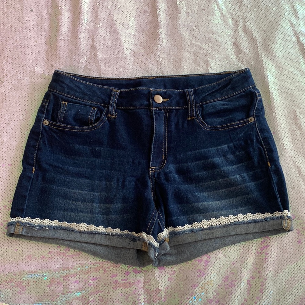 Denim Shorts Girl’s 14 XL Stretch Adjustable WONDER NATION Dark Wash Lace Hem